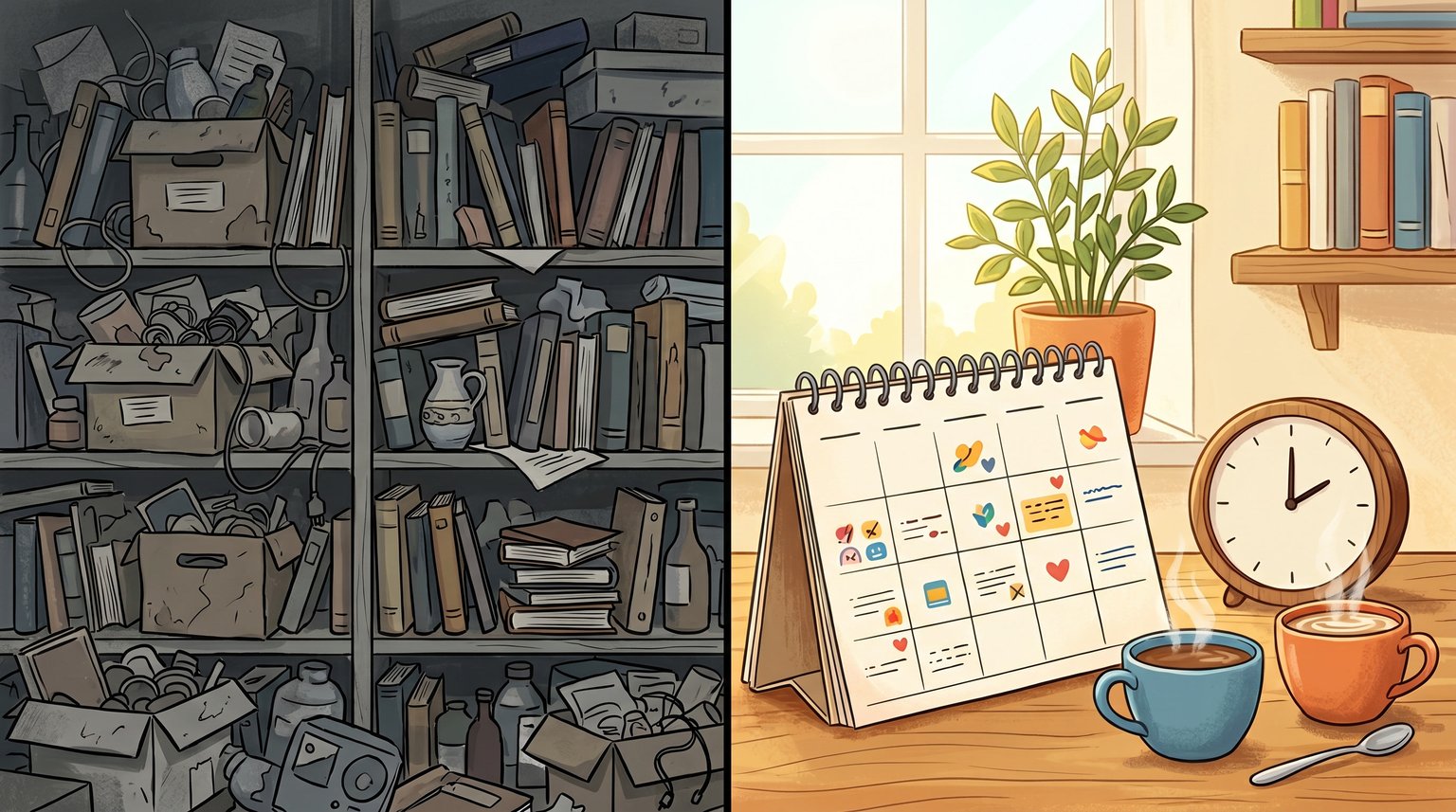 Stimmungsbild: volles Regal versus freier Kalender und Herz für gemeinsame Zeit