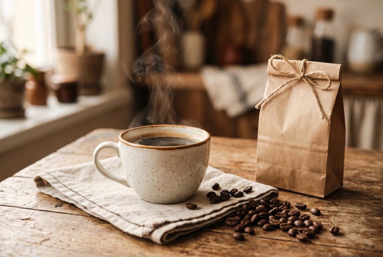 Stillleben: handgeröstete Kaffeebohnen, Keramiktasse, Dampf, warme Farben, kein Markenlogo