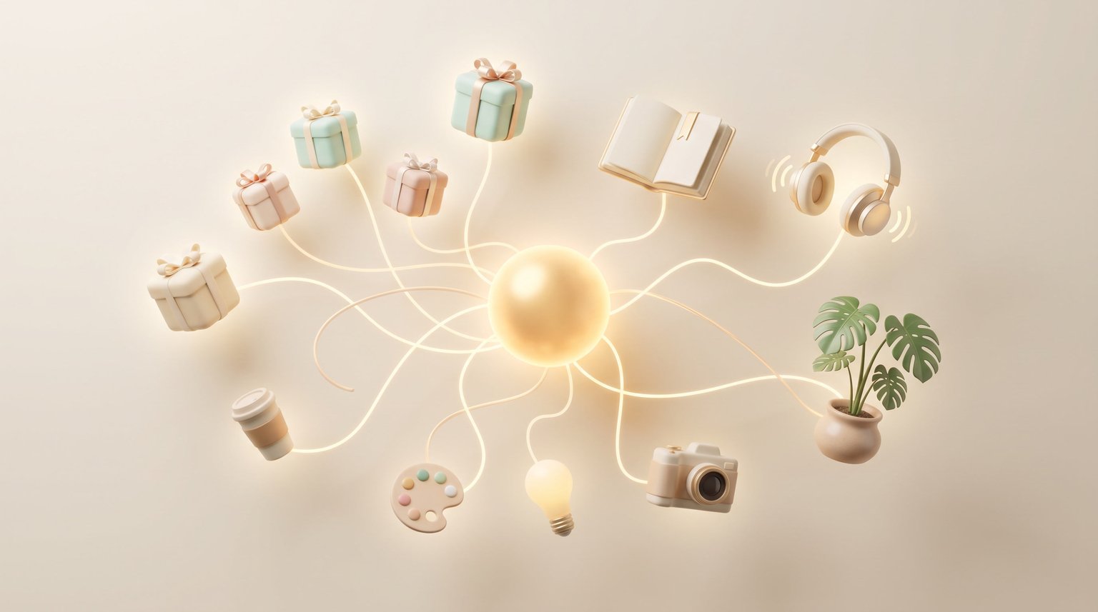 Abstrakte Darstellung: Brainstorming mit Geschenk- und Hobby-Symbolen