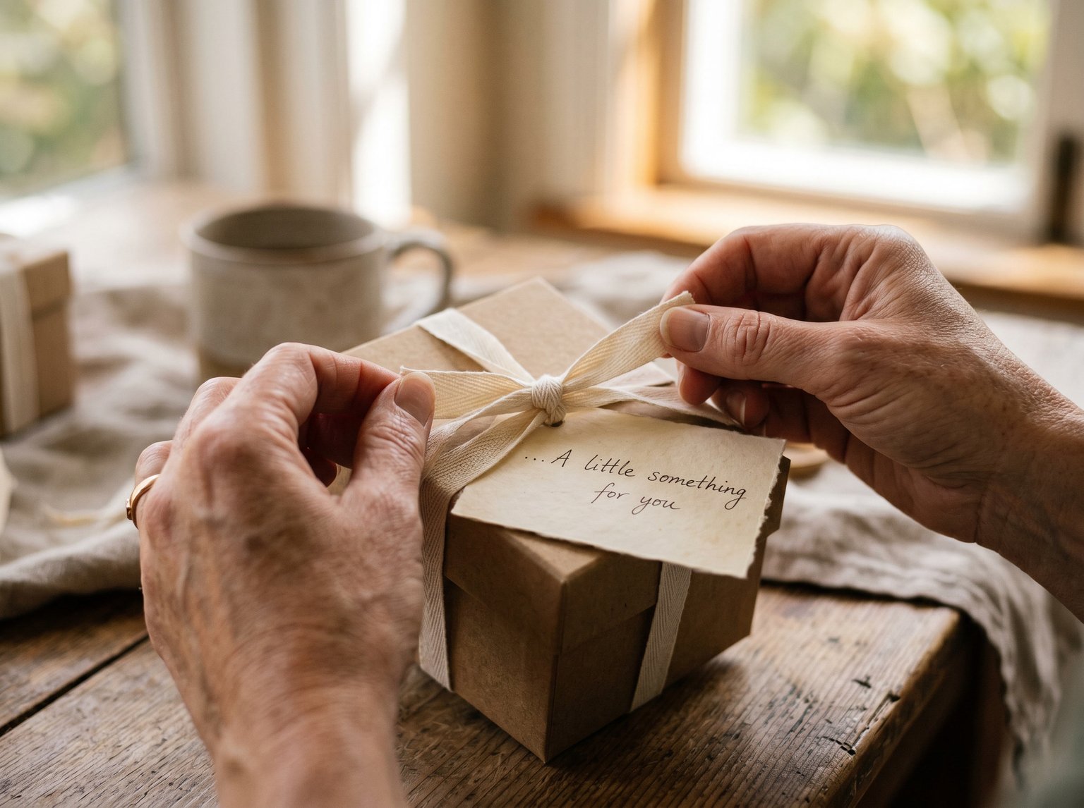 Hände binden eine Schleife am Geschenk, persönliche Note