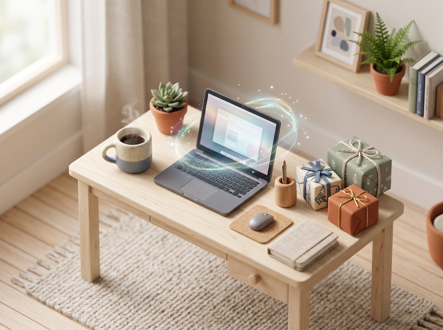 Isometrische Mini-Szene: Schreibtisch mit Laptop und kleinen Geschenken
